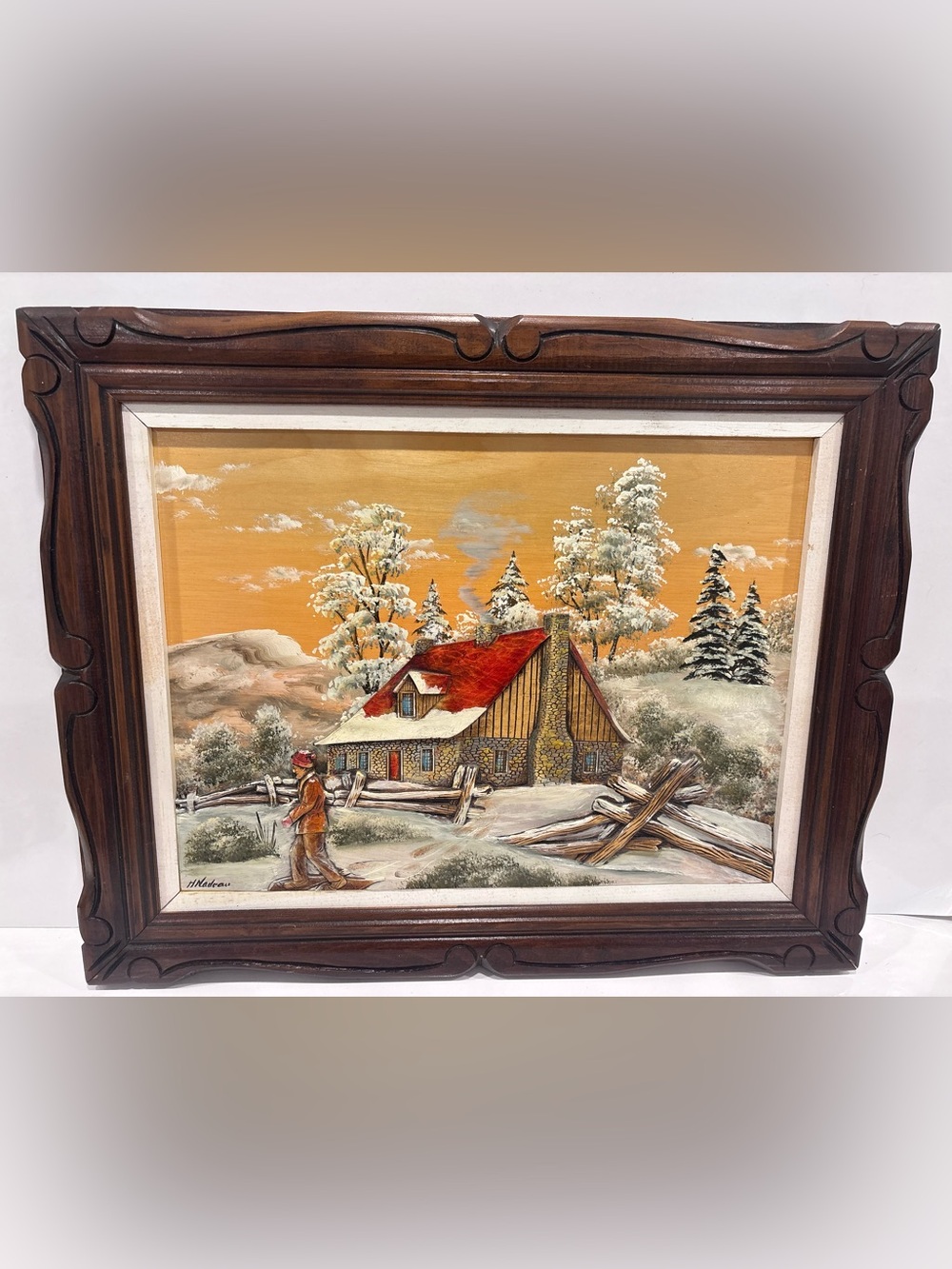 Vintage hand painted Quebec folk art winter cottage scene by H. Nadeau- carved